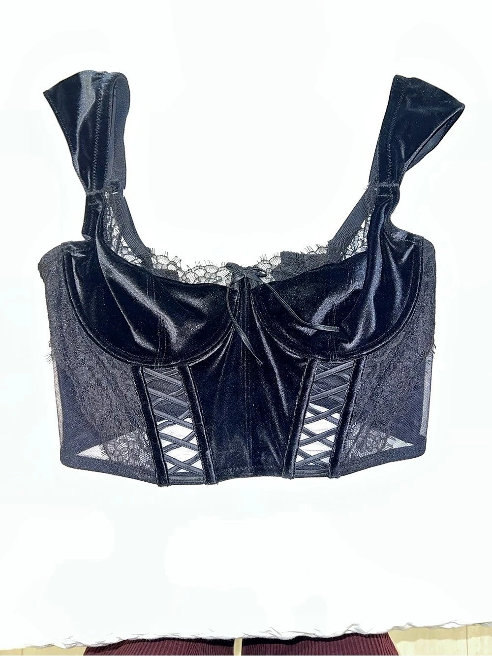 Victoria's Secret Velvet & Lace Corset Bustier Top Black XL R2 NWOT